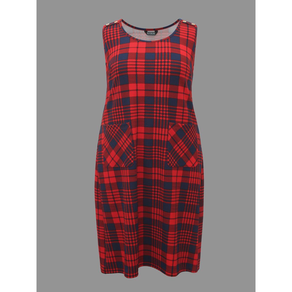 Plus Size Holiday Plaid Sleeveless Stretch Midi Dress Crimson Women Casual Button Party Curvy Bloomchic 12/L Product Image