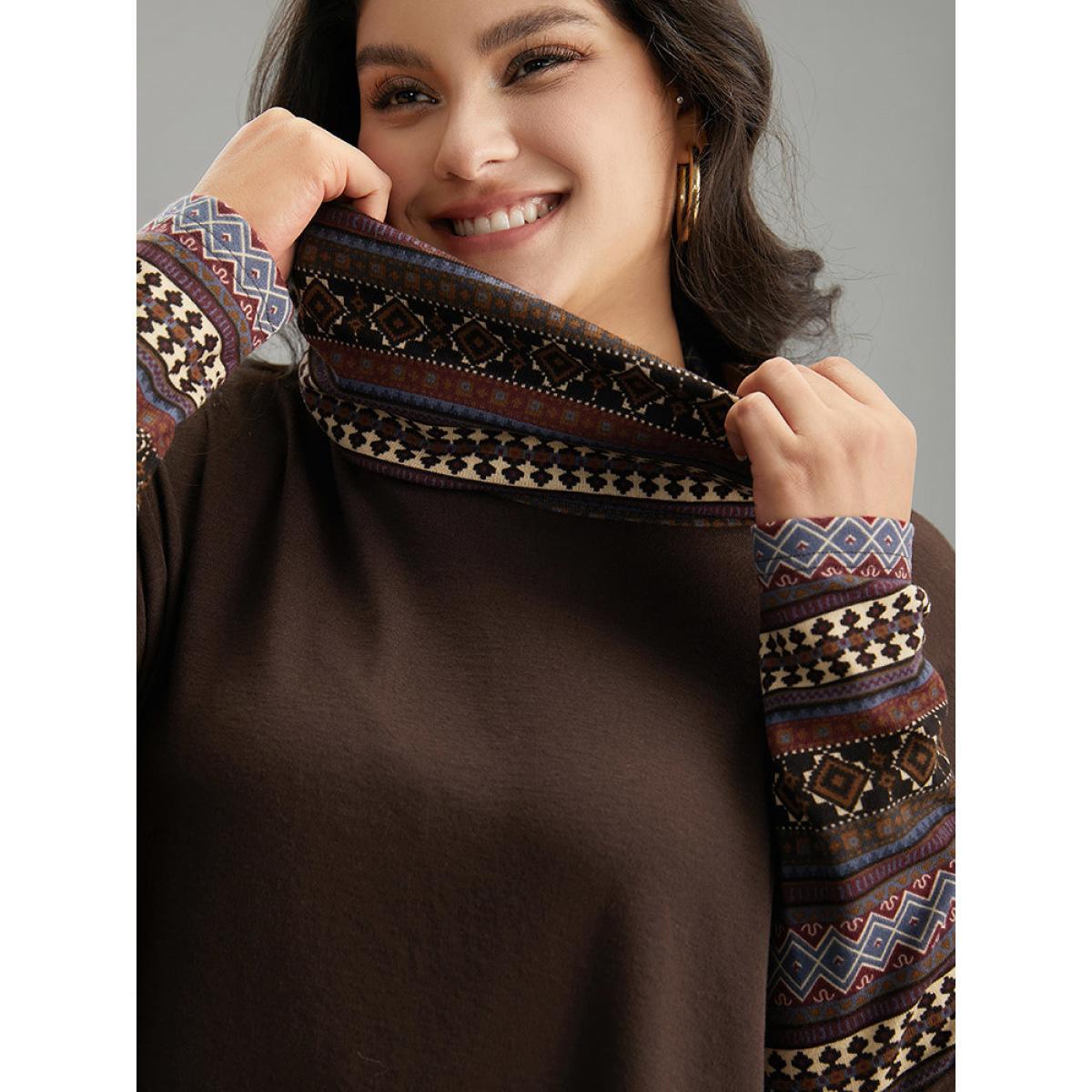 Plus Size Bandana Print Patchwork Turtle Neck T-shirt DarkBrown Women Casual Printed Bohemian Print Turtleneck Dailywear T-shirts BloomChic 30/6X Product Image