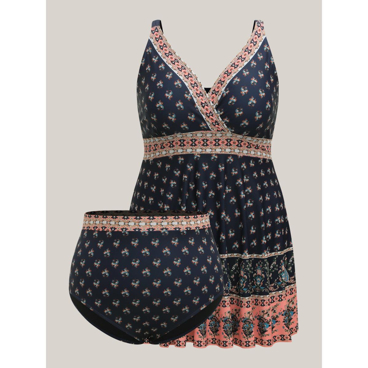 Plus Size Boho Print Surplice Neck Contrast Swim Dress Women's Swimwear Black Beach Bodycon Overlap Collar High stretch Curve Swim Dresses BloomChic 12/L Product Image