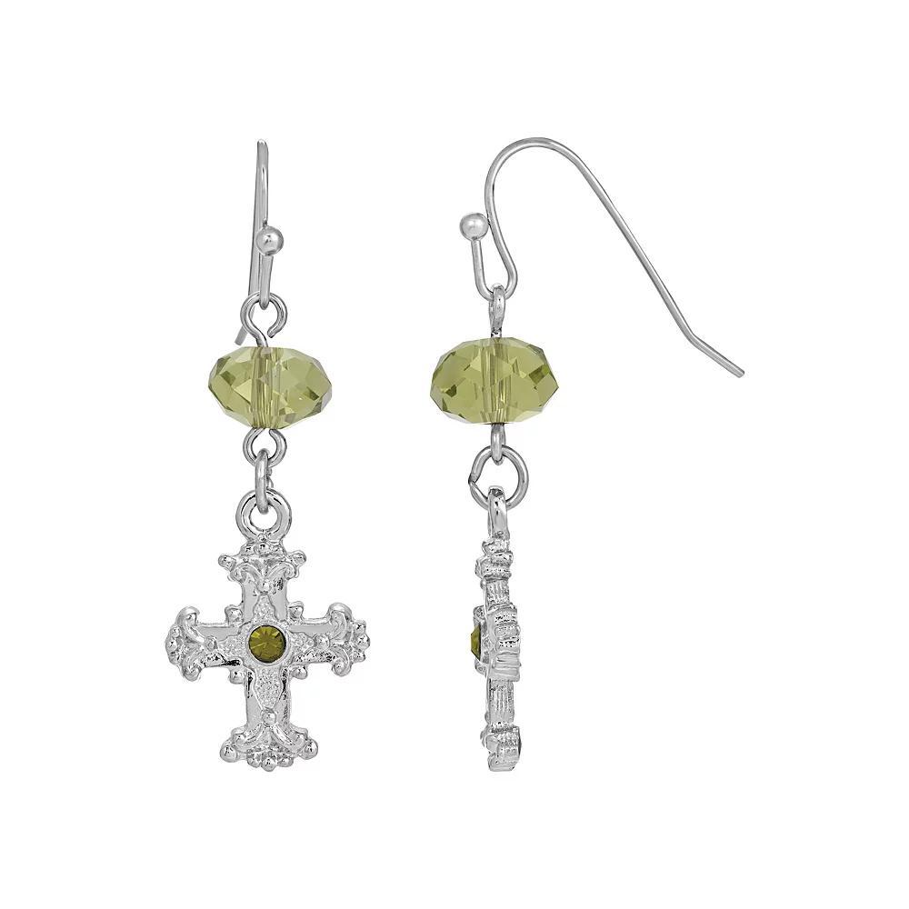Symbols of Faith Silver-Tone Black Crystal Cross Drop Earrings, Womens, Green Product Image