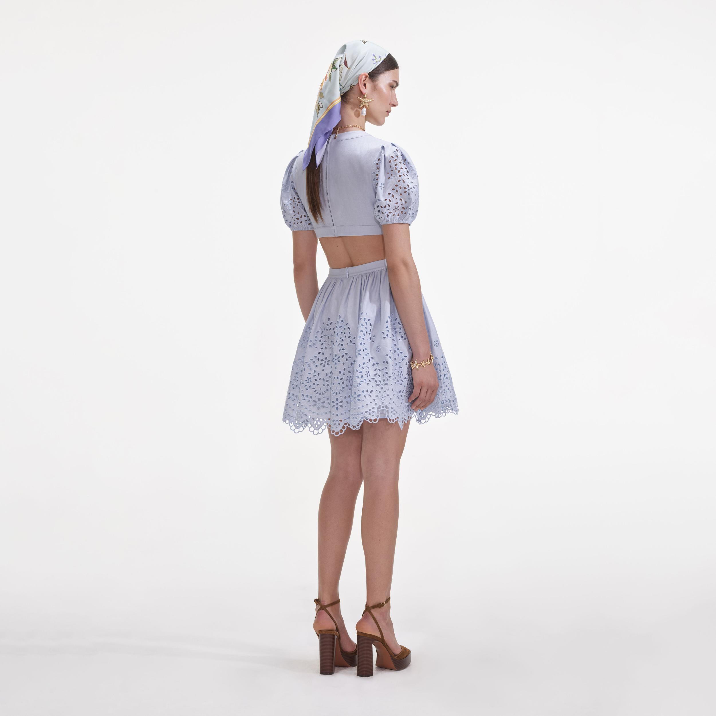 Blue Embroidered Linen Mini Dress Product Image