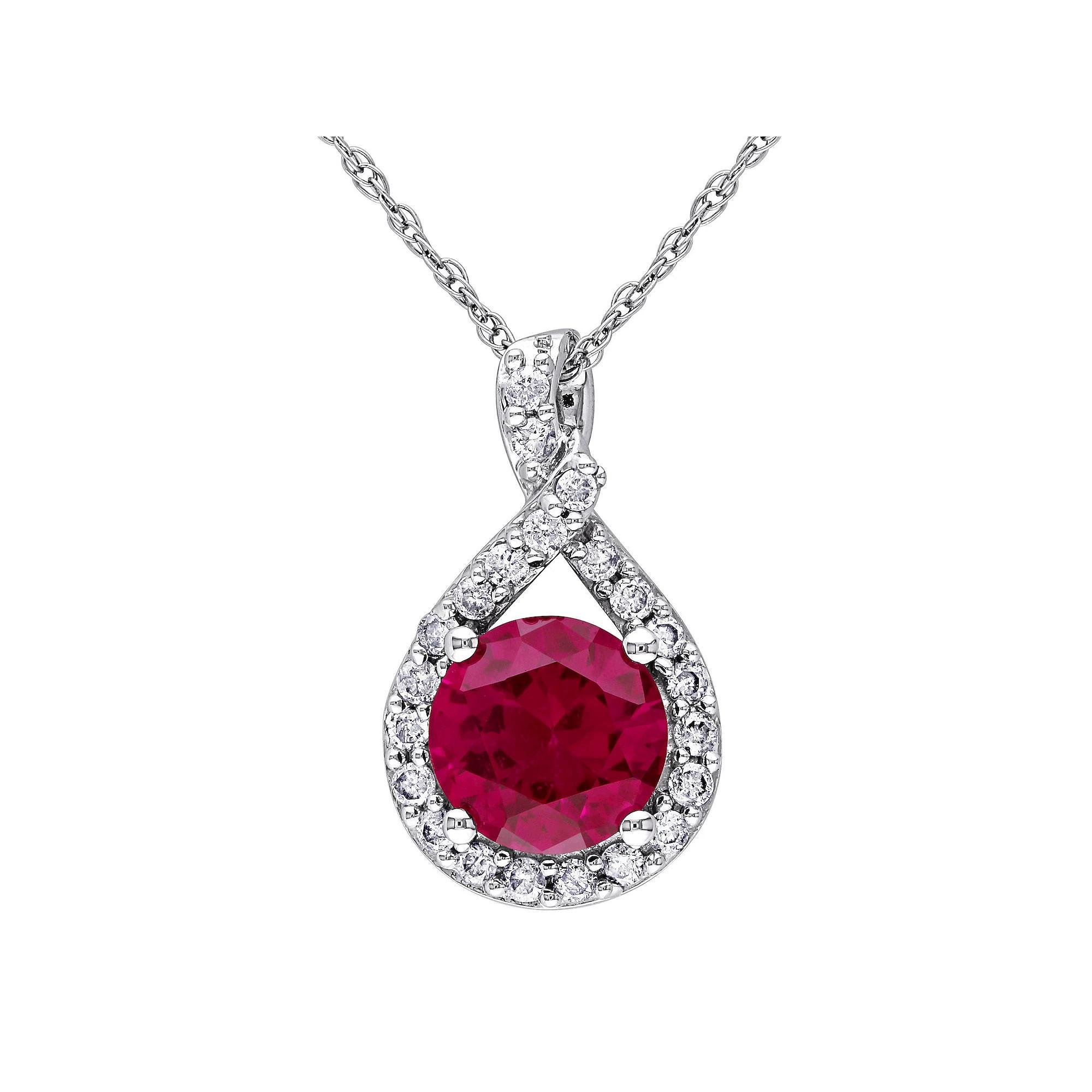Stella Grace 10k White Gold 1/4 Carat T.W Diamond & Lab-Created Ruby Teardrop Pendant Necklace, Women's, Size: 17" Product Image