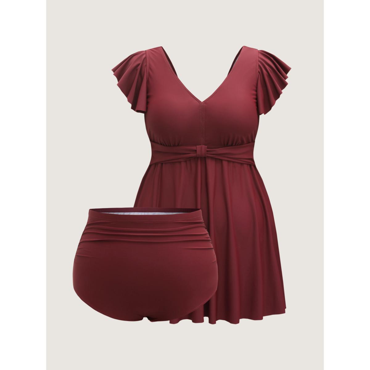 Plus Size Pleated Waist Flutter Sleeve Swim Dress Women's Swimwear Deepred Beach Bodycon V-neck High stretch Curve Swim Dresses BloomChic 22-24/3X Product Image
