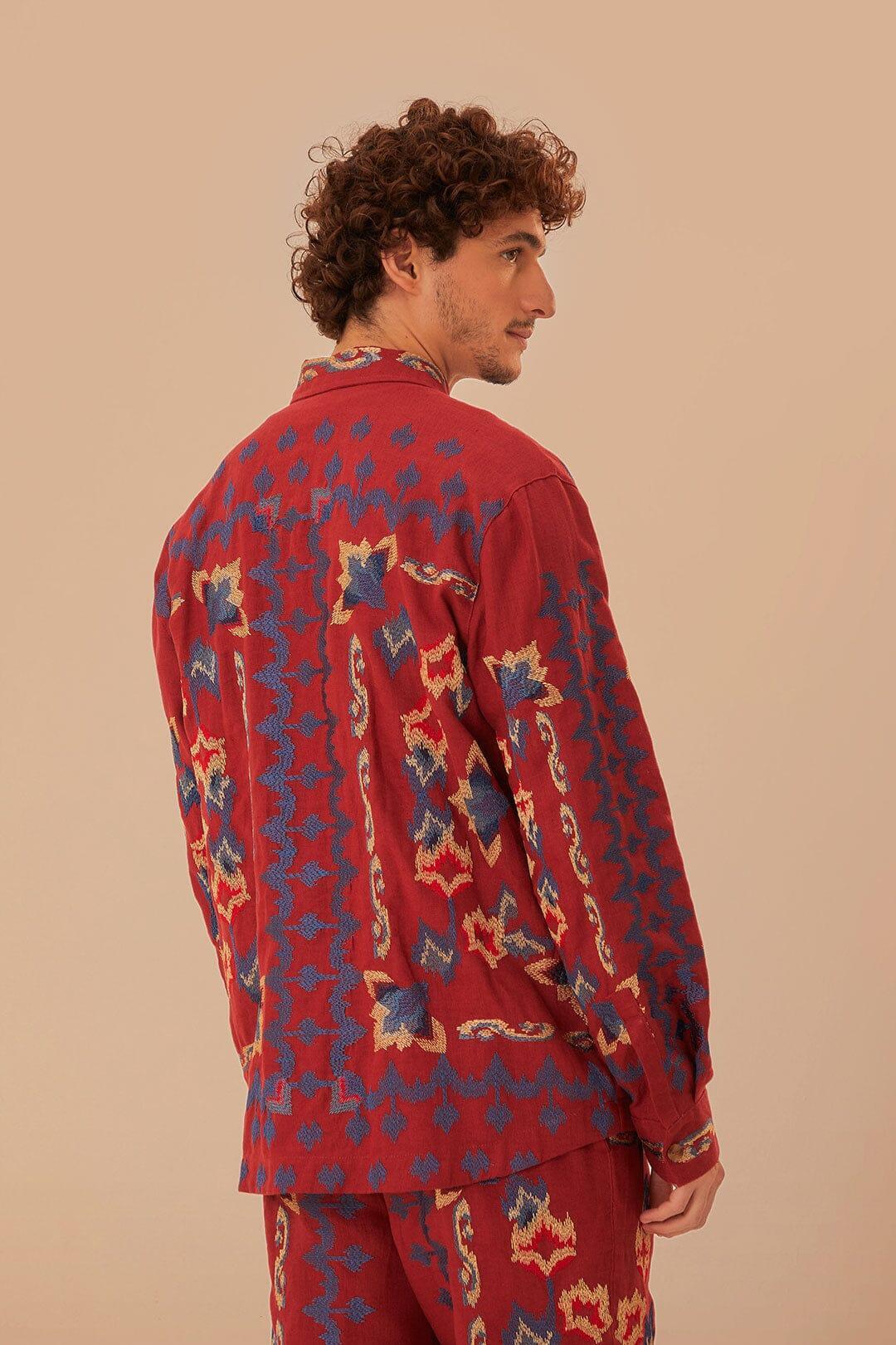 Red Floral Embroidery Jacquard Shirt, BURGUNDY / L Product Image