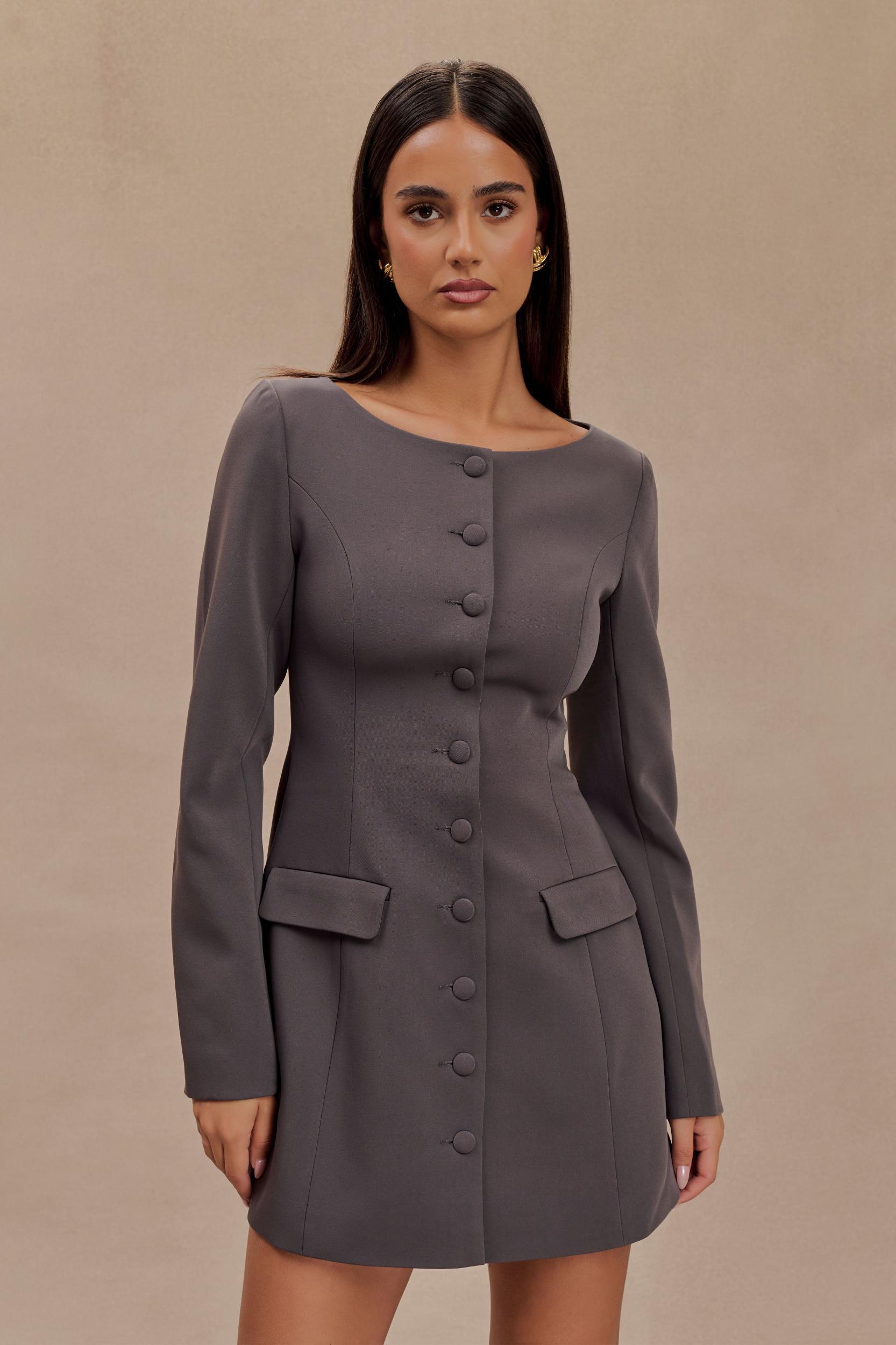 Jolie Boat Neck Suiting Mini Dress - Charcoal Grey Product Image