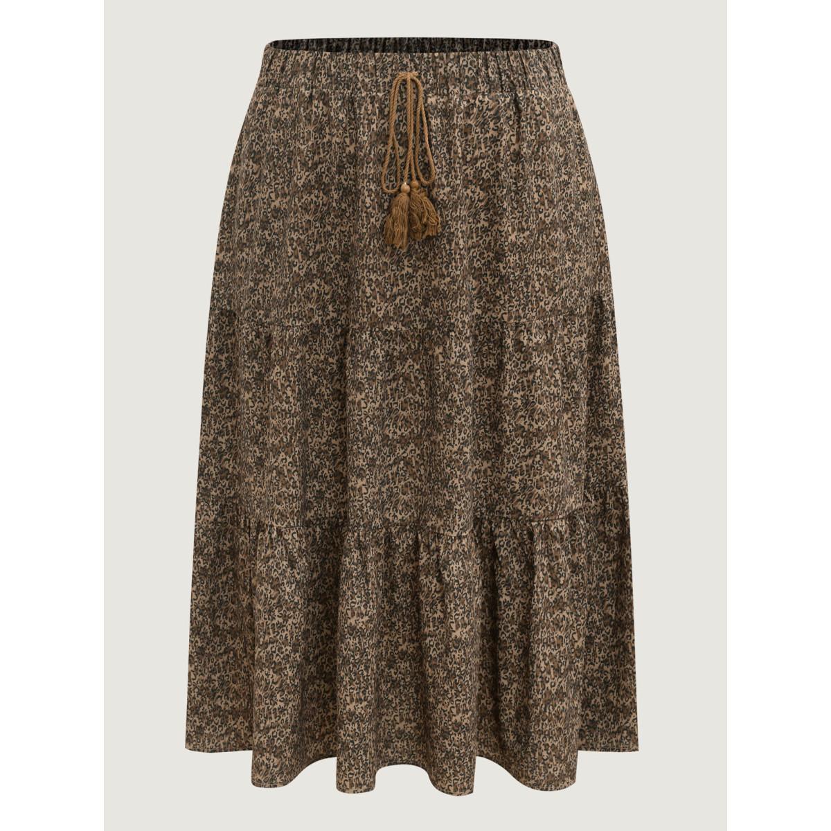 Plus Size Leopard Print Tiered Midi Skirt Women DarkBrown Bodycon High stretch Side seam pocket Everyday-Casual Skirts BloomChic 12/L Product Image