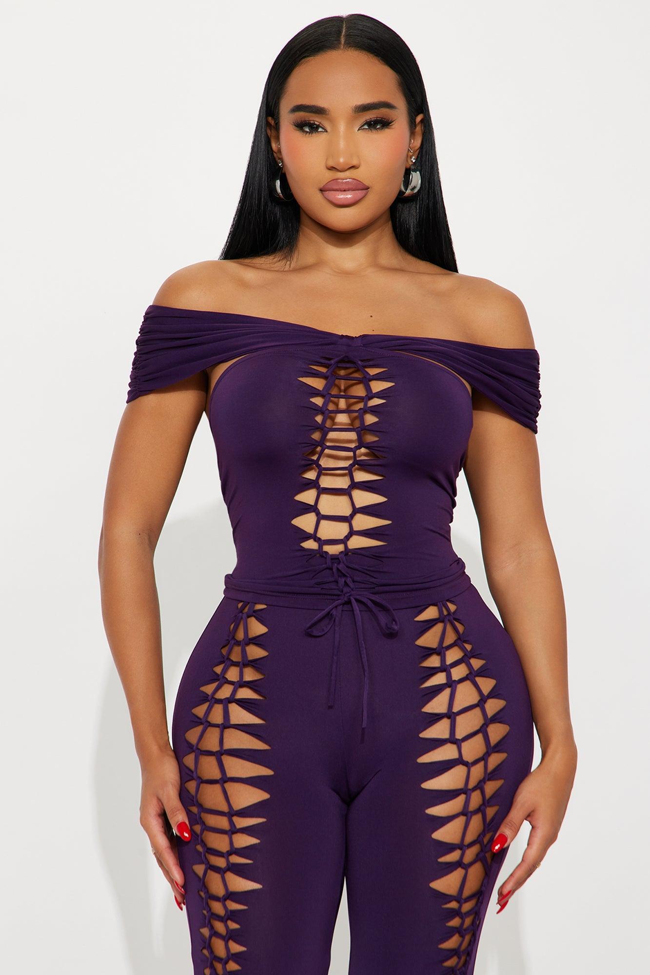 Mia Cut out Off Shoulder Flare Pant Set - Plum Female Product Image