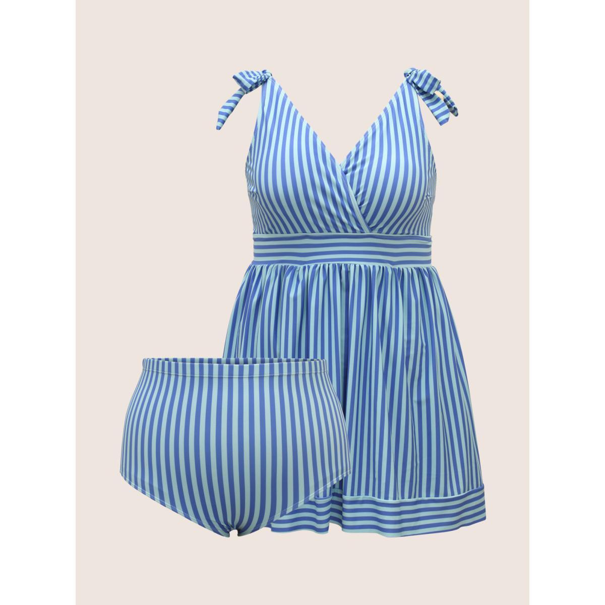Plus Size V Neck Striped Tie Knot Gathered Swim Dress Women's Swimwear Skyblue Beach Bodycon V-neck High stretch Curve Swim Dresses BloomChic 18-20/2X Product Image