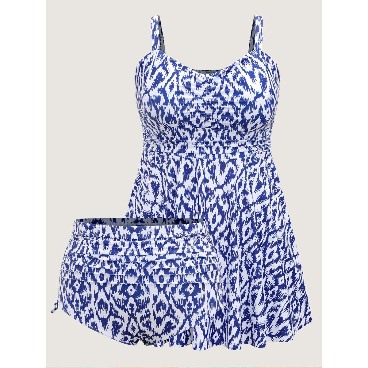 Plus Size Color Fusion Ruched Abstract Swim Dress Women's Swimwear Indigo Beach Bodycon Heart neckline High stretch Curve Swim Dresses BloomChic 22-24/3X Product Image