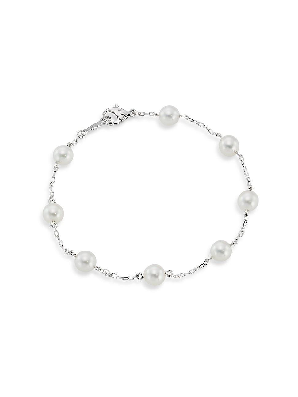 Womens 18K White Gold & 5.5-6MM Cultured Akoya Pearl Station Bracelet Product Image