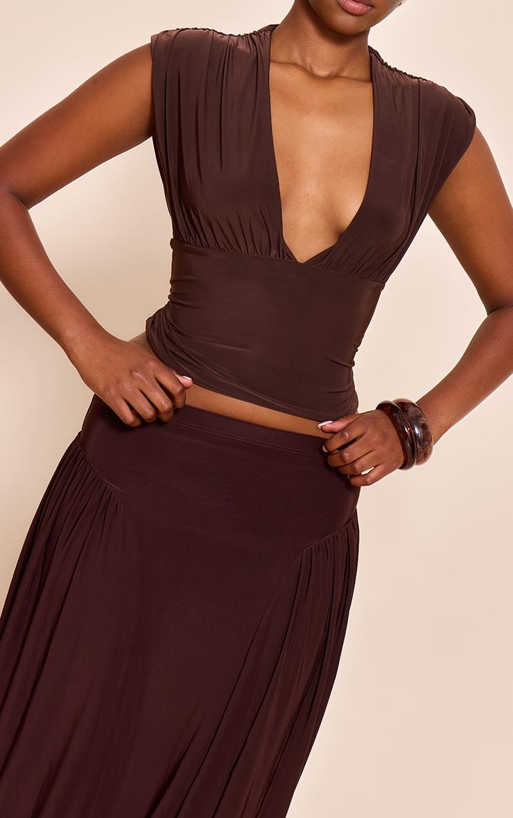Chocolate Slinky Drop Waist Ruched Panel Maxi Skirt Product Image
