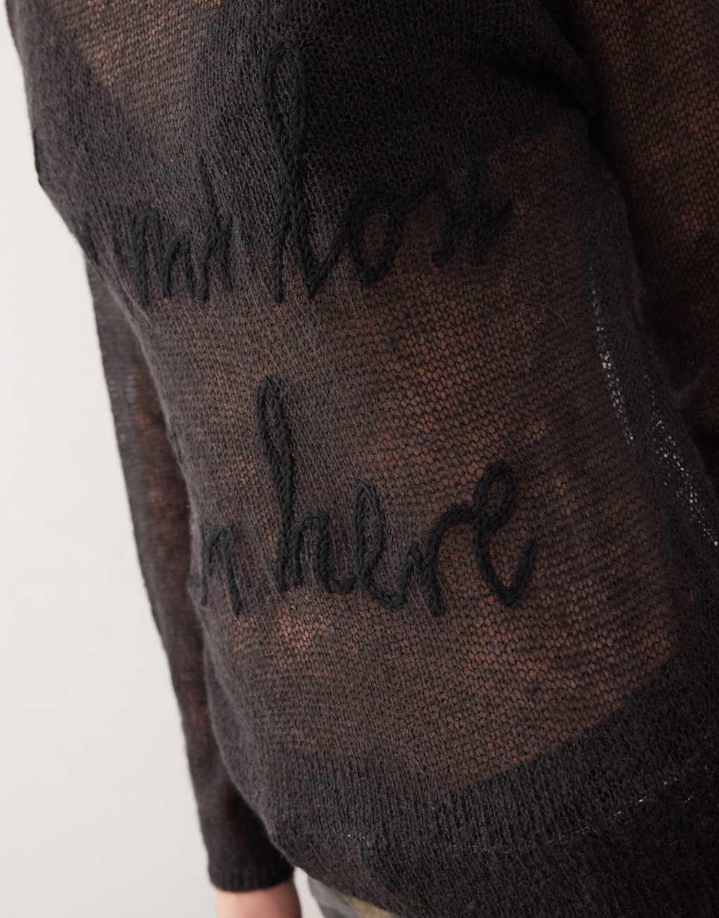 Monki long sleeve graphic sheer knit top in dark gray Product Image