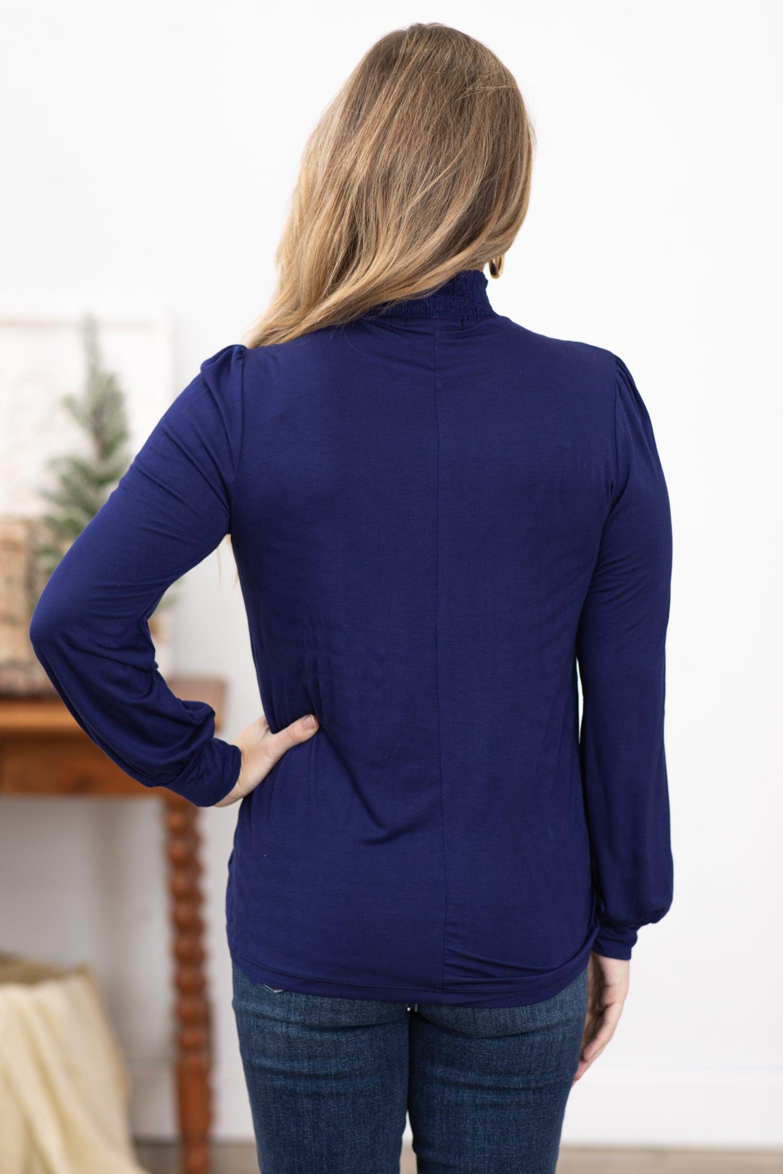 Navy Smocked Turtleneck Top Product Image