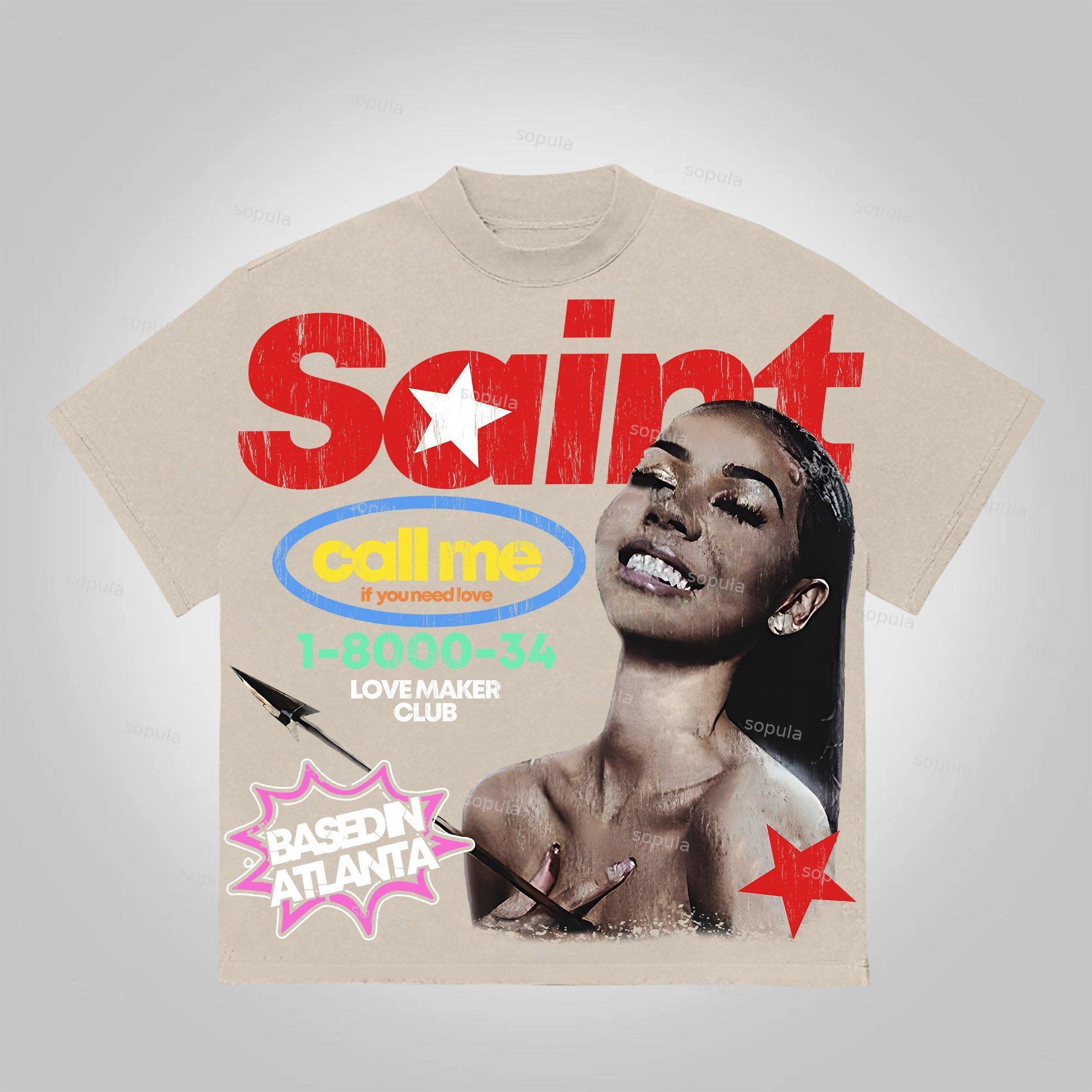 Sopula Vintage Saint Call Me If You Need Love Graphic Short T-Shirt Product Image