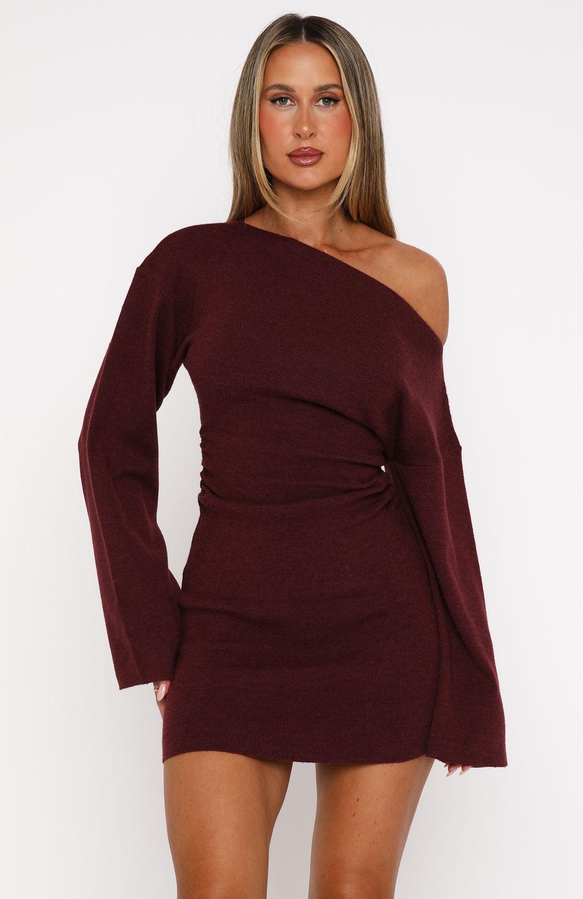 Strange World Long Sleeve Mini Dress Burgundy Product Image