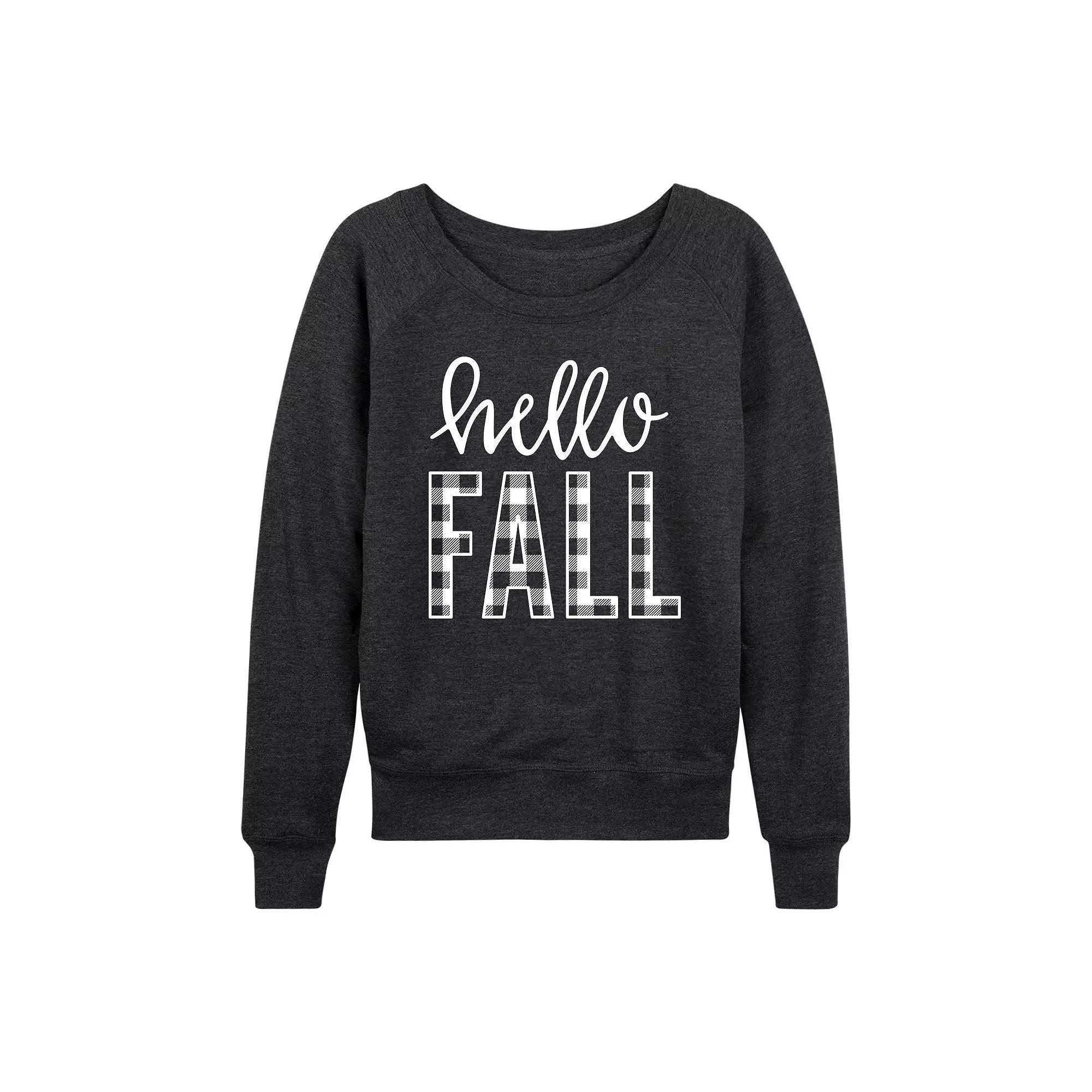 Womens Hello Fall Plaid French Terry Long Sleeve Tee, Girls Heather Grey Product Image
