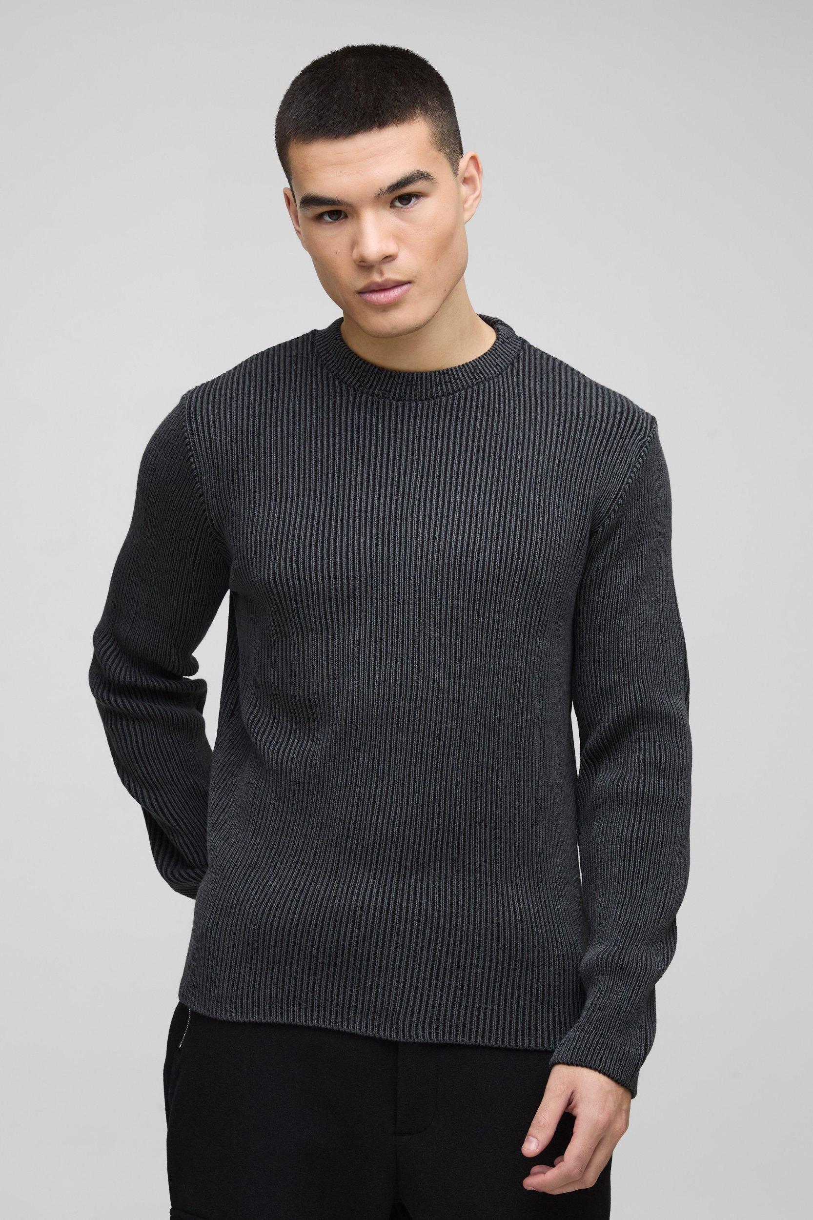 Regular Crew Neck Plated Ribbed Knit Sweater | boohooMAN USA Product Image