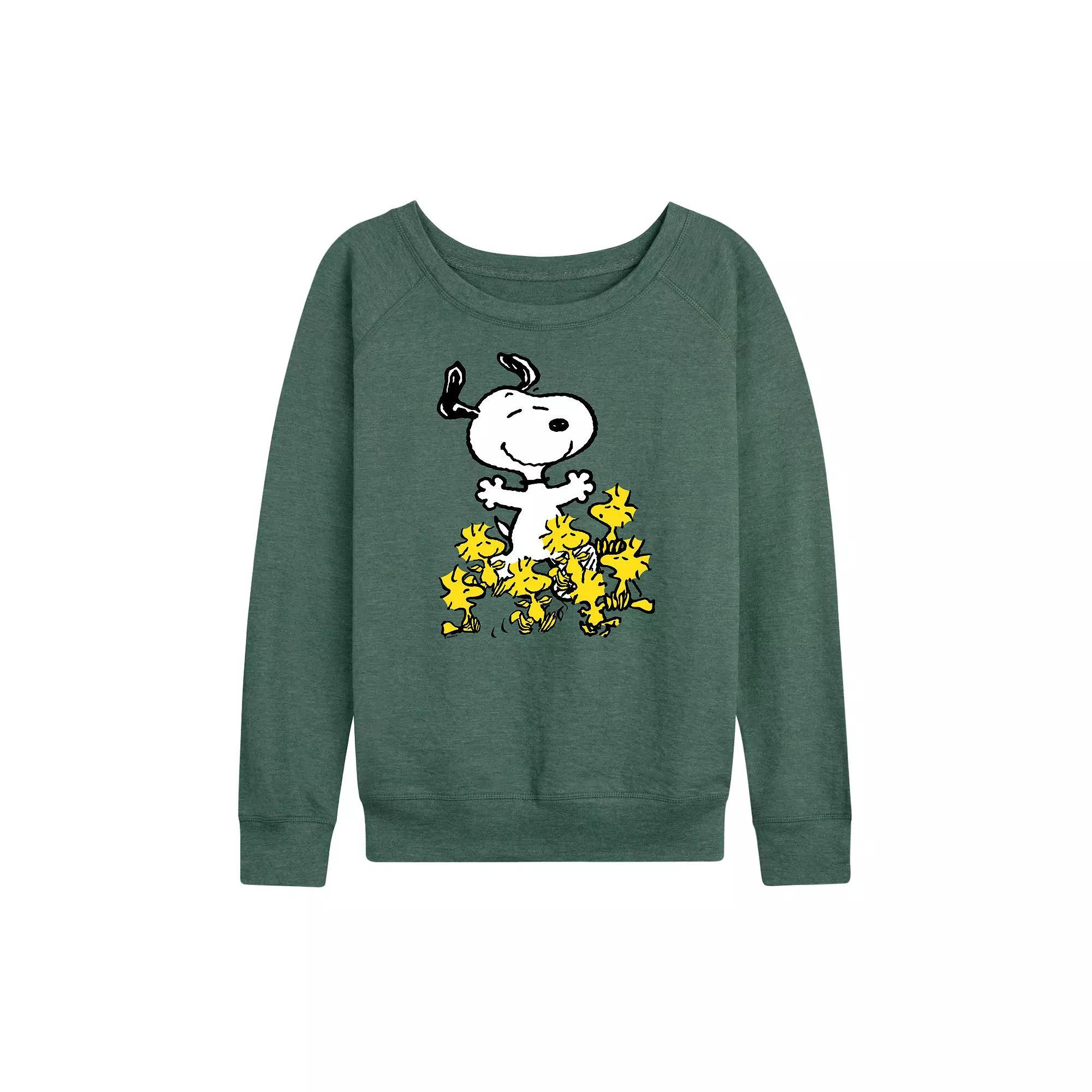 Women's Peanuts Snoopy Woodstock Party French Terry Long Sleeve Tee, Girl's, Size: XL, Grey Green Product Image
