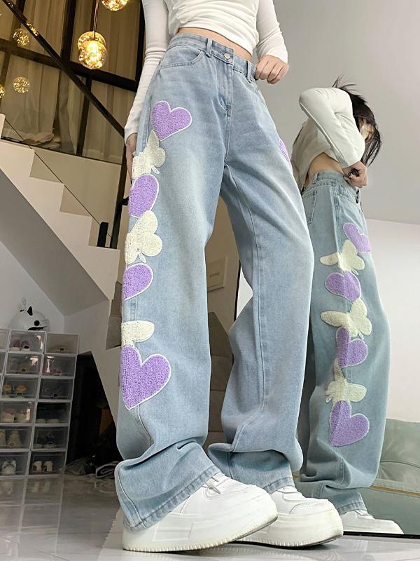 Flocking Embroidery Print High Rise Boyfriend Jeans Product Image