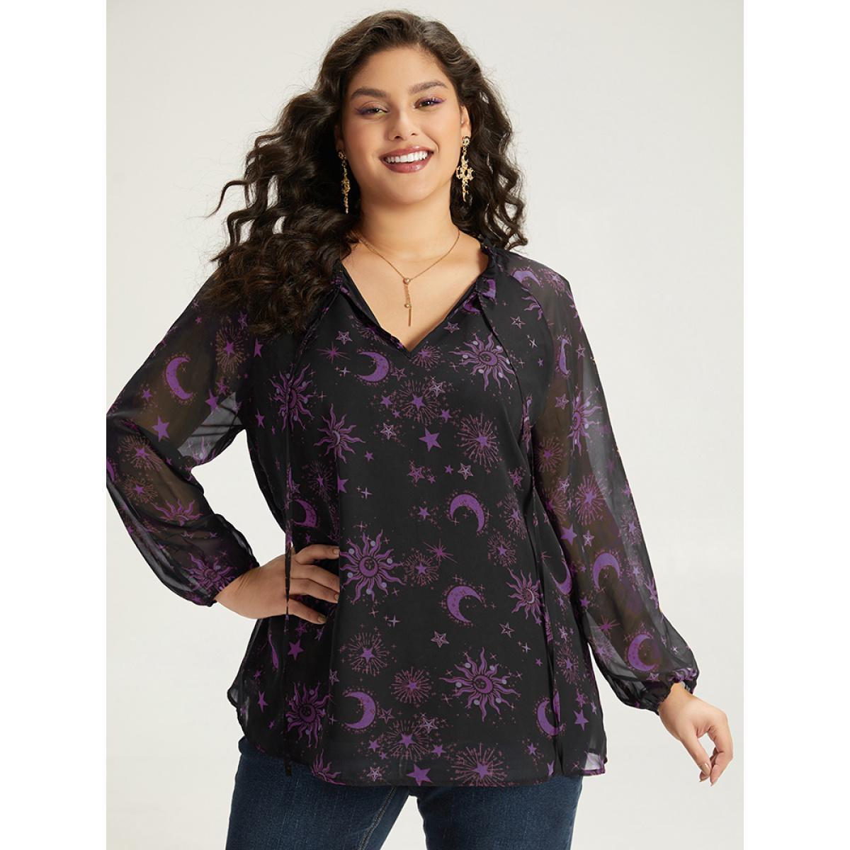 Plus Size Purple Halloween Moon & Star Print Tie Neck Mesh Lantern Sleeve Blouse Women Elegant Long Sleeve Tie Neck Festival-Halloween Blouses BloomChic 14-16/1X Product Image