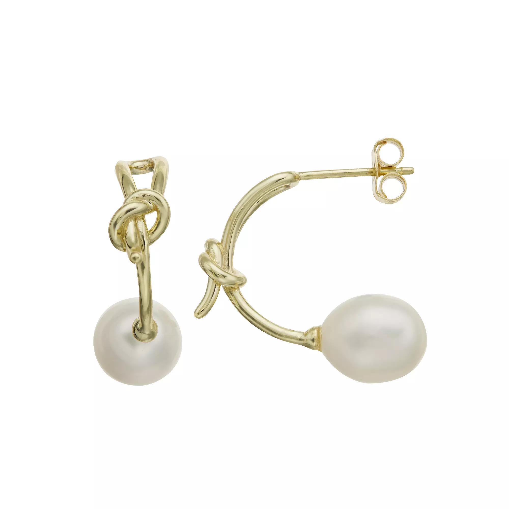 14k Gold-Plated Silver with Cultured Freshwater Pearl Love Knot Half-Hoop Earrings, Womens, Gold Tone Product Image