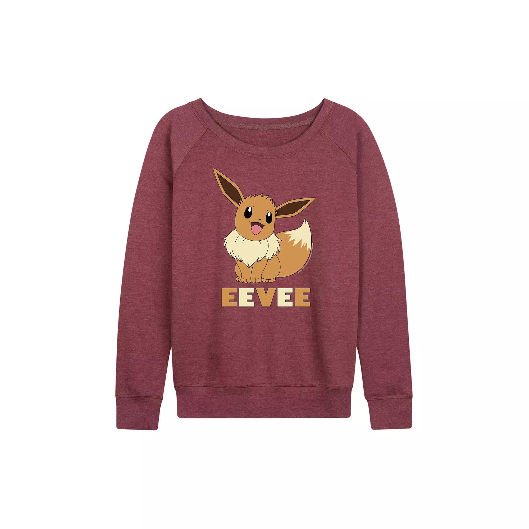 Plus Size Pokemon Eevee French Terry Long Sleeve Tee, Womens Grey Dark Red Product Image