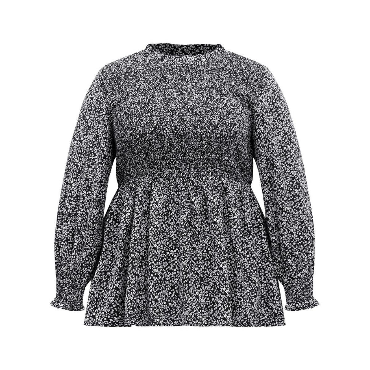 Plus Size Black Ditsy Floral Stand Collar Shirred Frill Trim Blouse Women Elegant Long Sleeve Stand-up collar Dailywear Blouses BloomChic 22-24/3X Product Image