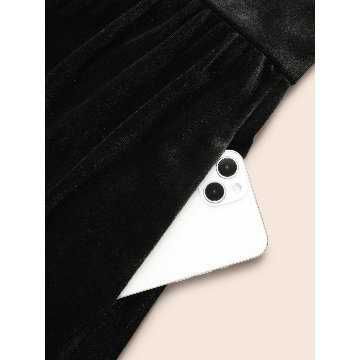 Plus Size Velvet Overlap Collar Shirred Gathered Dress Black Women Elegant Texture Overlap Collar Long Sleeve Curvy BloomChic 28/5X Product Image