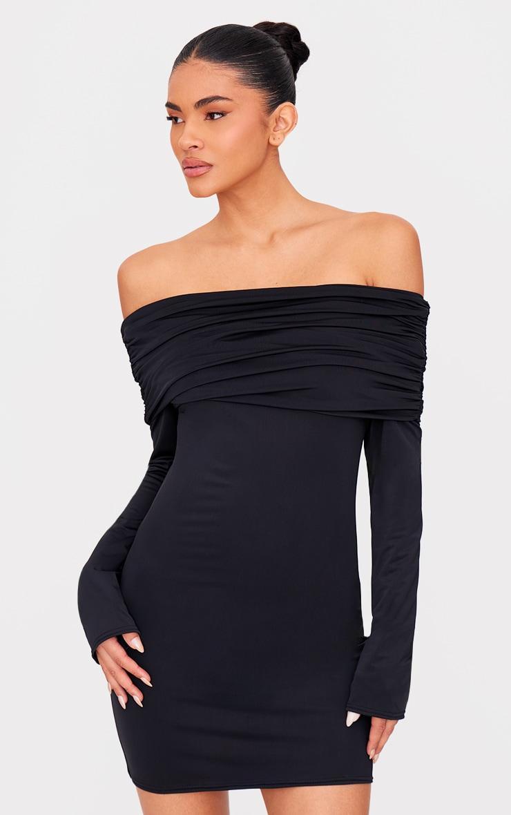 Black Matte Sculpt Double Layer Foldover Bardot Long Sleeve Mini Dress Product Image