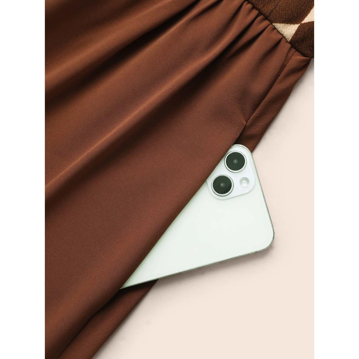 Plus Size Geometric Crew Neck Button Detail Dress Browncoffeecolor Women Elegant Patchwork Round Neck Long Sleeve Curvy BloomChic 30/6X Product Image