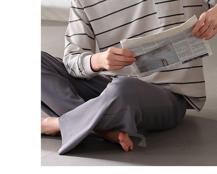 Pajama Set: Long-Sleeve Round Neck Striped Pocket Detail T-Shirt + Plain Pants Product Image
