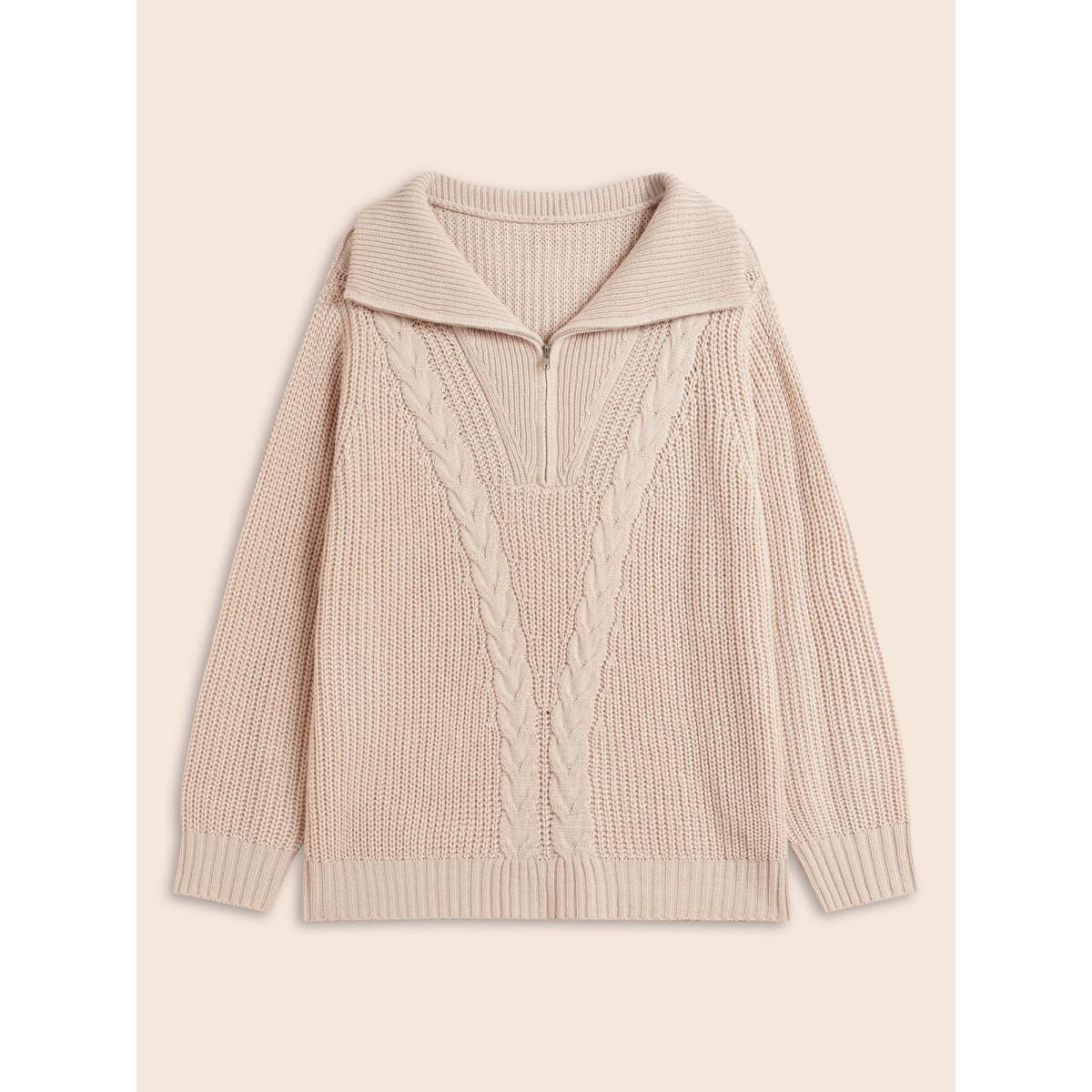 Plus Size Lapel Collar Half Zip Cable Knit Pullover Apricot Women Casual Long Sleeve Lapel Collar Everyday Pullovers BloomChic 10/M Product Image