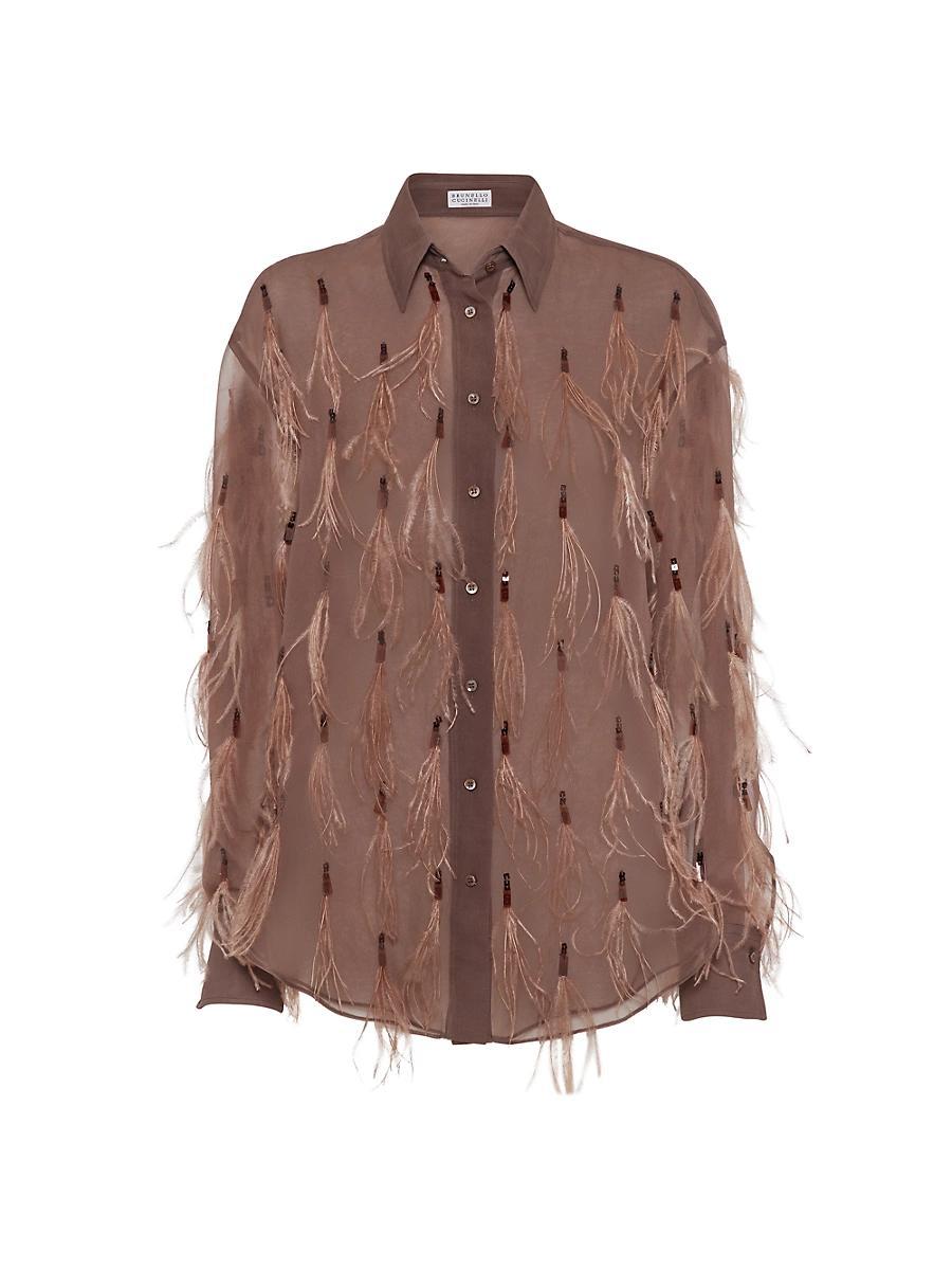 Womens Crispy Silk Shirt with Dazzling Feather Embroidery Product Image