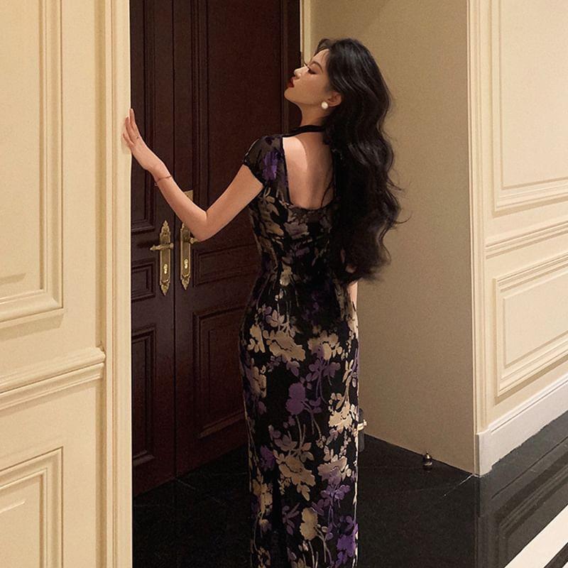 Set: Cap-Sleeve Mock Neck Floral Print Open Back Slit Maxi Bodycon Dress + Spaghetti Strap Plain Dress Product Image
