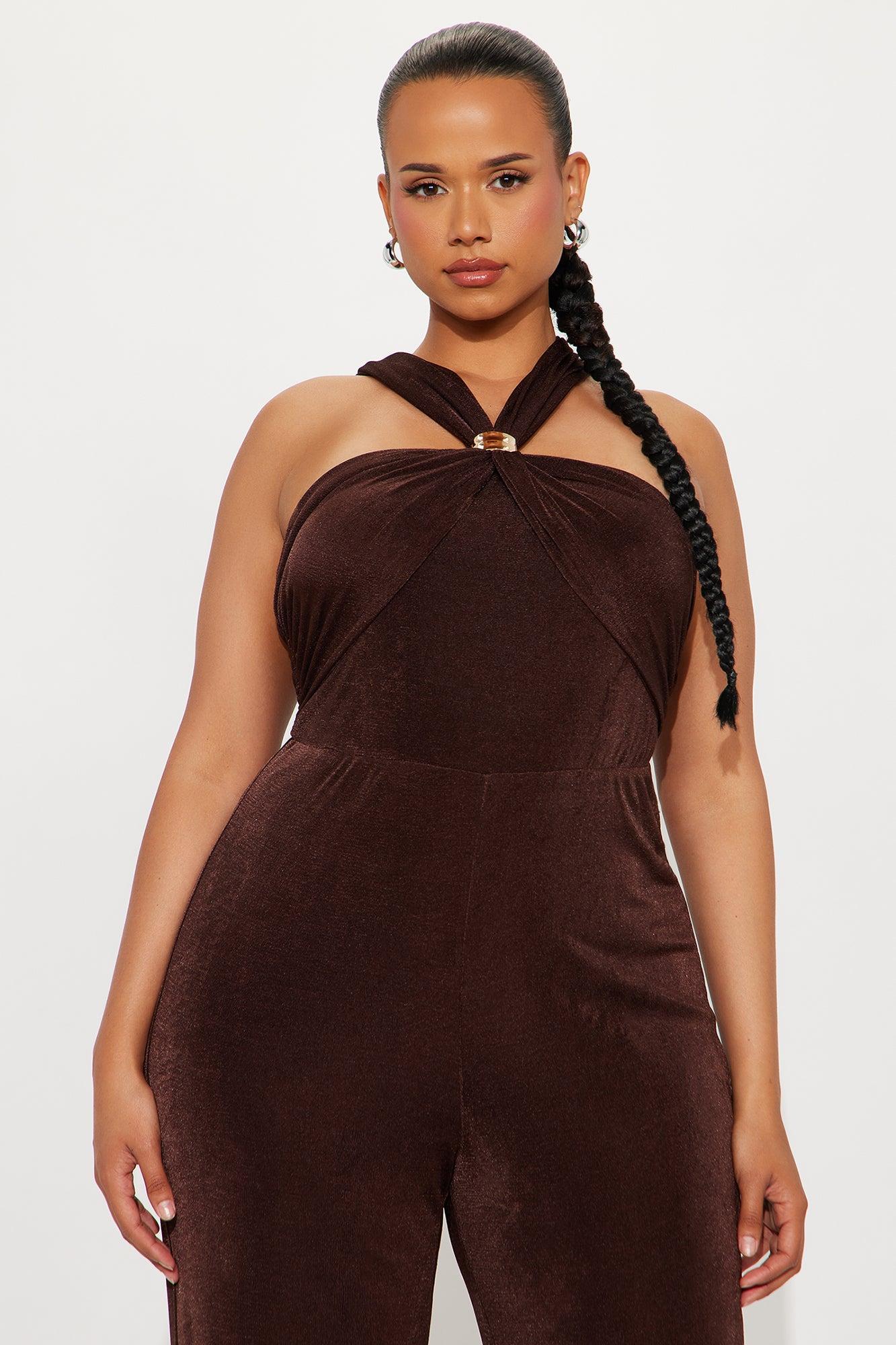 On Your Mind Slinky Wide Leg Jumpsuit - Chocolate Product Image
