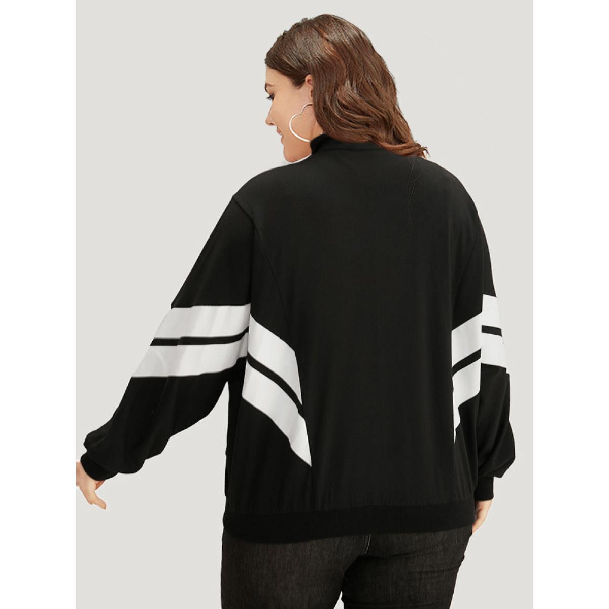 Plus Size Striped Geometric Mock Neck Zipper Jacket Women Black Contrast Everyday Jackets BloomChic 22-24/3X Product Image