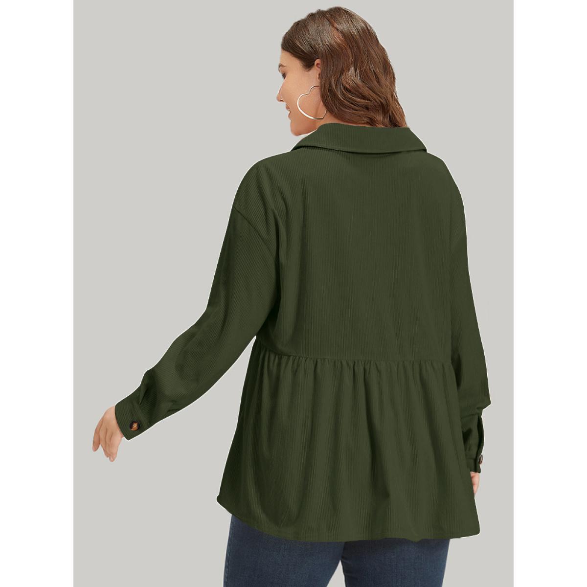 Plus Size Plain Shirt Collar Button Through Ruffle Hem Pocket Coat Women ArmyGreen Button Pocket Dailywear Jackets BloomChic 18-20/2X Product Image