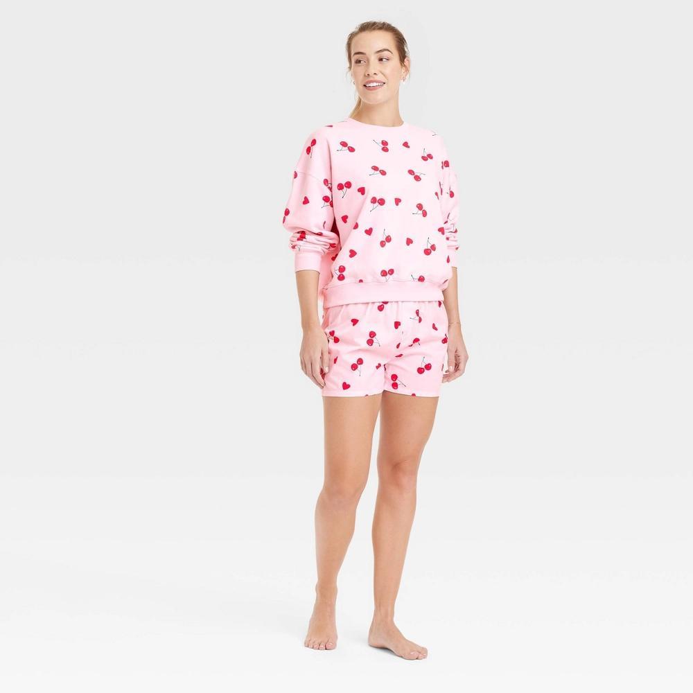 Women's Valentine's Day Cherry Hearts Printed Graphic Sweatshirt - Pink Product Image