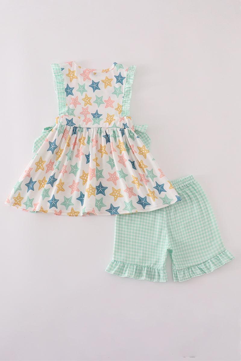 Blue seashell bow ruffle shorts set Product Image