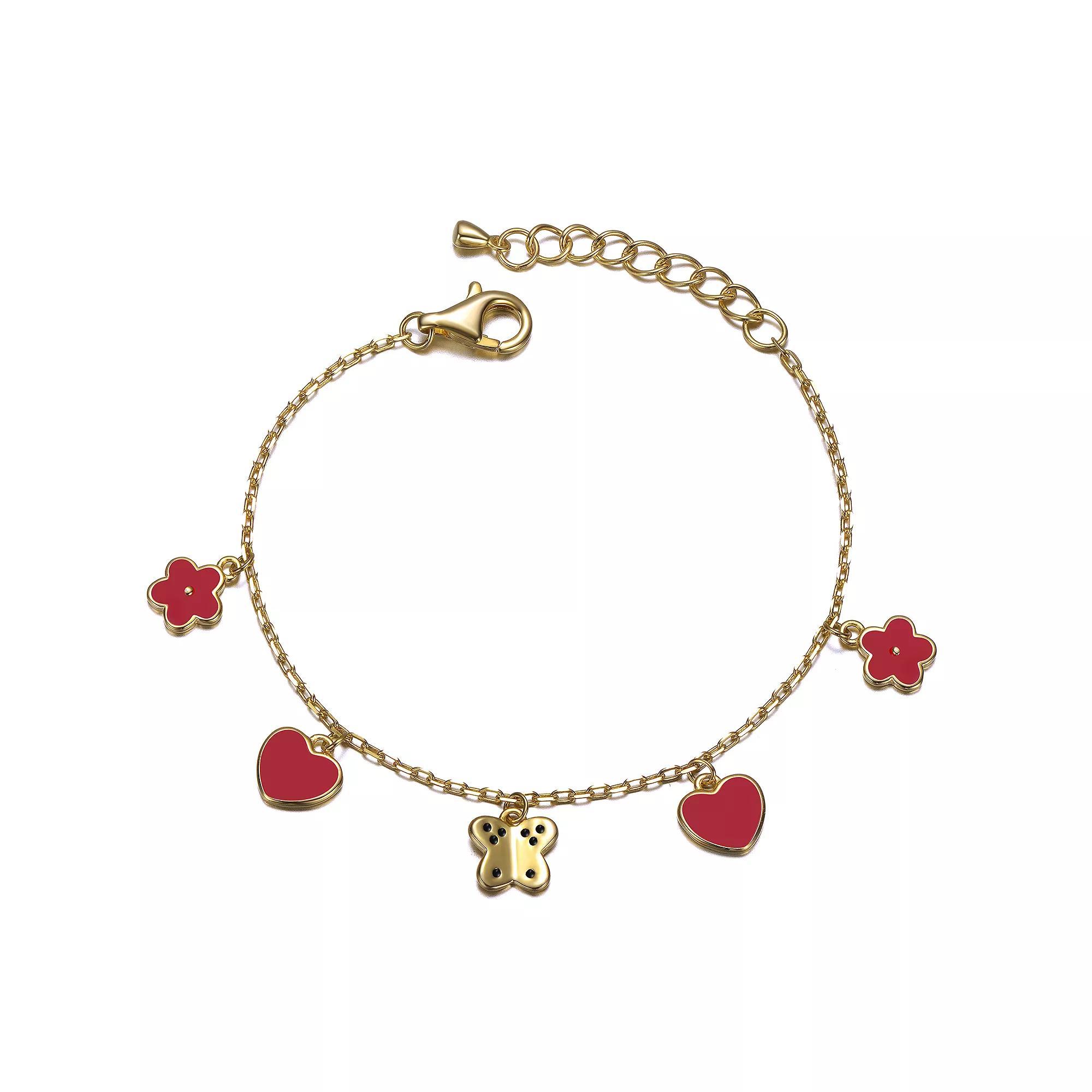 Kids 14k Gold Plated Red Enameled Dangle Charm Bracelet, Womens Gold Tone Product Image