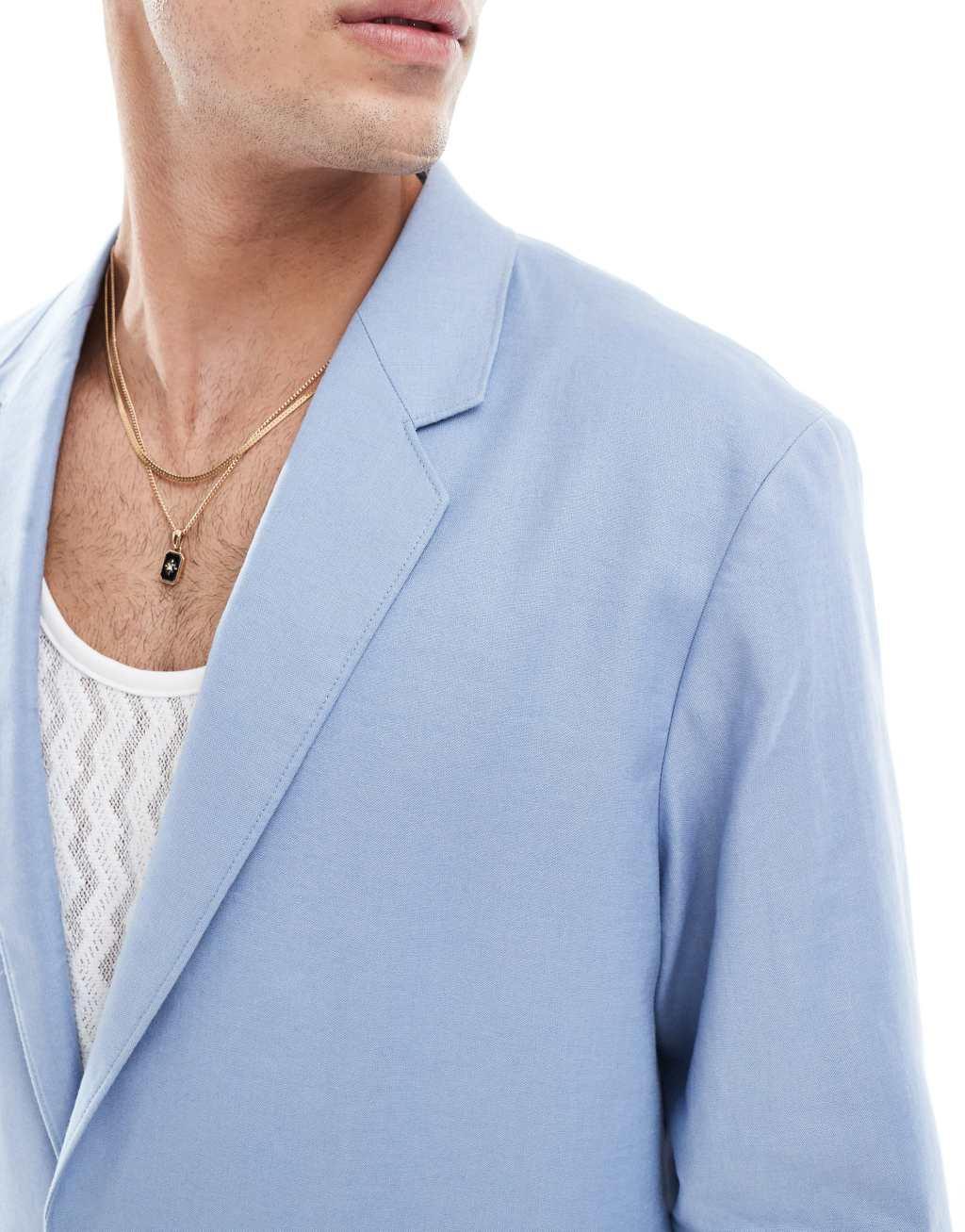 ASOS DESIGN slouchy oversized blazer in pale blue linen mix Product Image