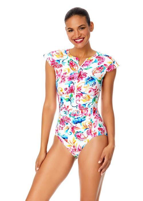 Anne Cole Women's Riviera Floral Flutter Sleeve Zip Up Rash Guard One Piece Swimsuit in Watercolor Paisley at Nordstrom, Size 10 Product Image