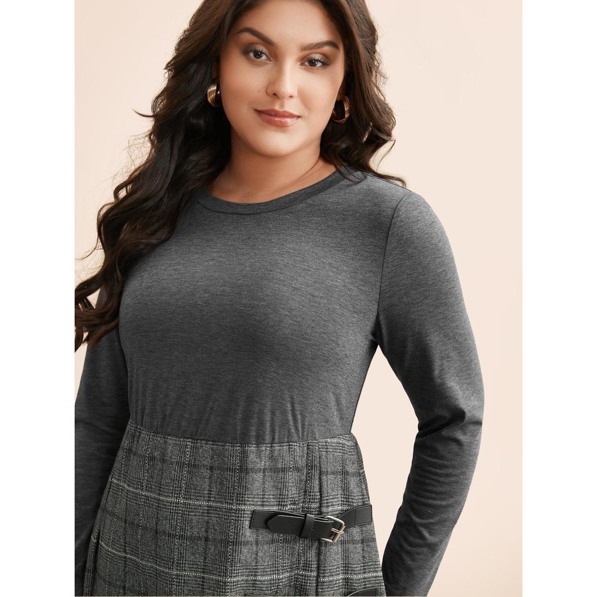 Plus Size Plaid Patchwork Buckle Detail Pleated Dress DimGray Women At the Office Overlapping Round Neck Long Sleeve Curvy BloomChic 14-16/1X Product Image