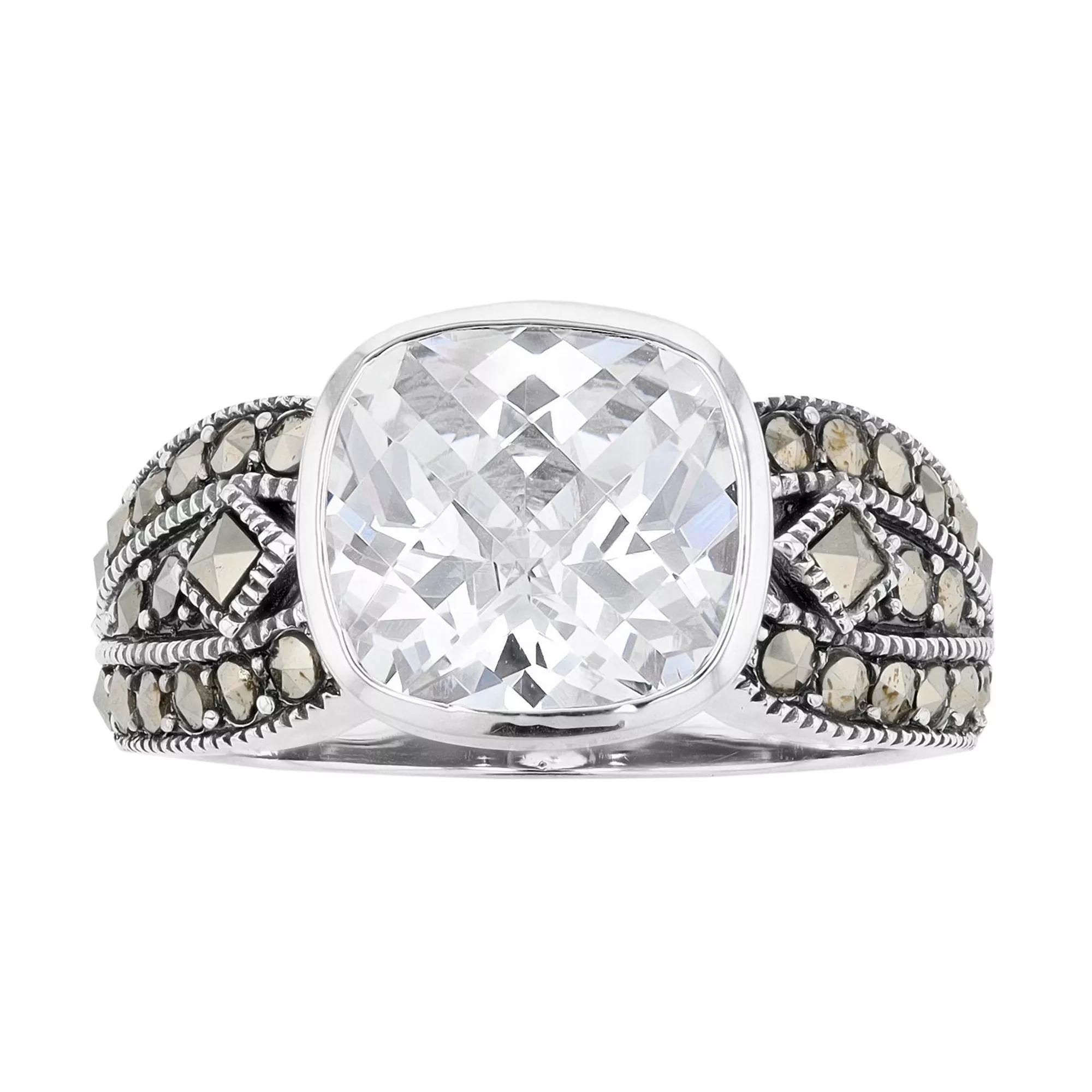 Lavish by TJM Sterling Silver Cushion White Cubic Zirconia & Marcasite Ring, Women's, Size: 9 Product Image