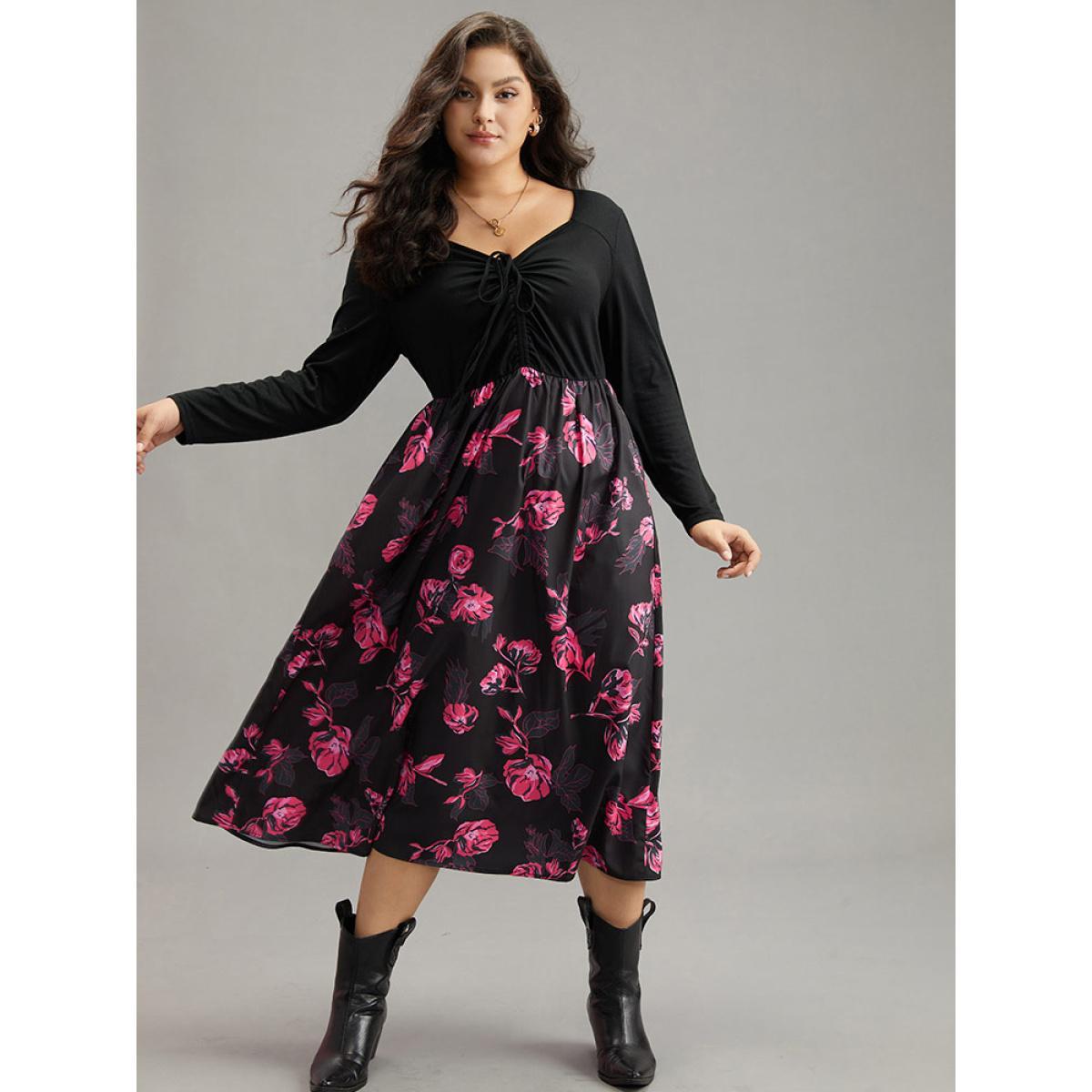 Plus Size Floral Patchwork Gathered Drawstring Dress Black Women Casual Gathered Tie Neck Long Sleeve Curvy Midi Dress BloomChic 14-16/1X Product Image