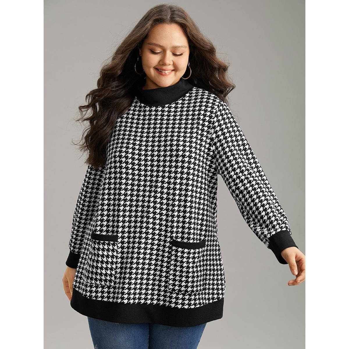 Plus Size Houndstooth Patched Pocket Mock Neck Sweatshirt Women Black Casual Contrast Mock Neck Dailywear Sweatshirts BloomChic 28/5X Product Image
