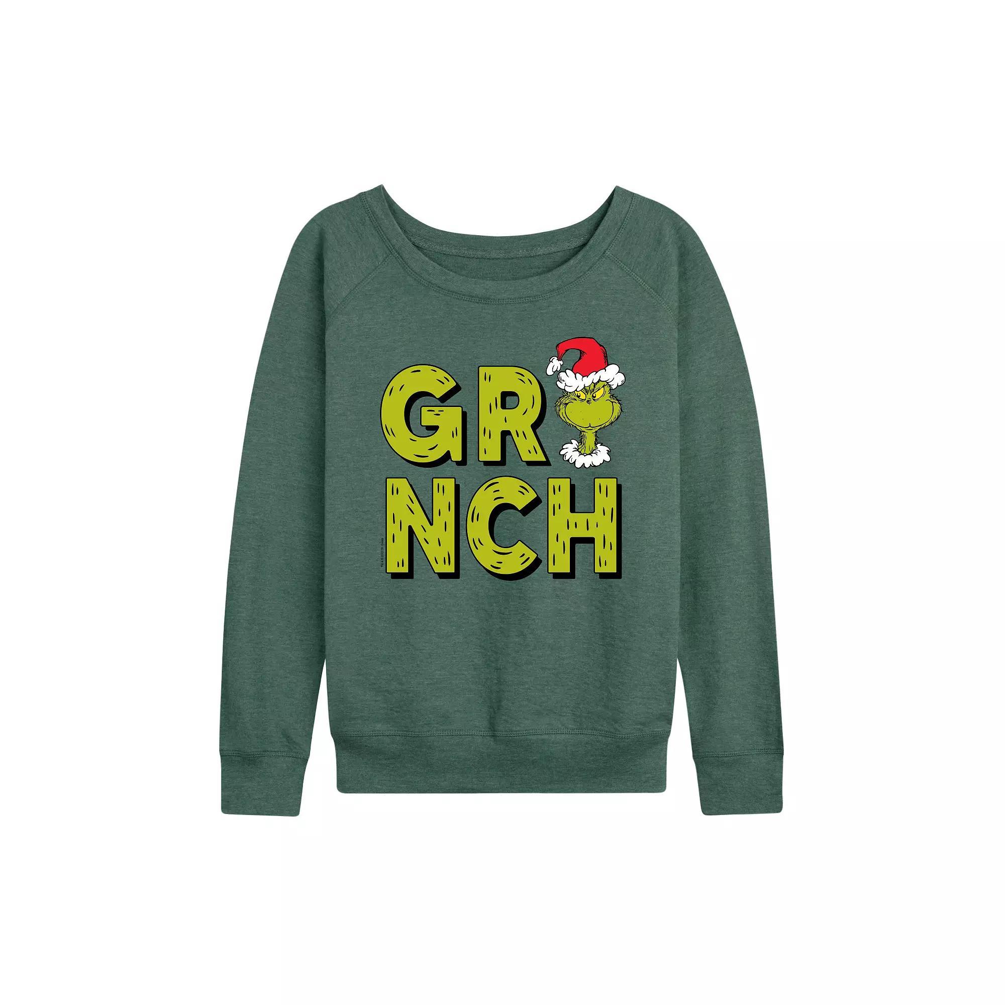 Womens Dr. Seuss Grinch Fur Letters French Terry Long Sleeve Tee Grey Green Product Image