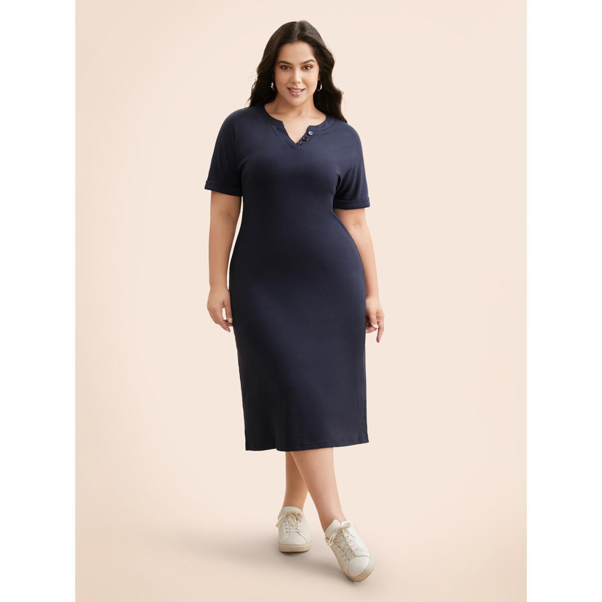 Plus Size Supersoft Essentials Notched Neck Midi Dress Midnight Women Basics Texture Flat collar with V-notch Short sleeve Curvy BloomChic 14-16/1X Product Image