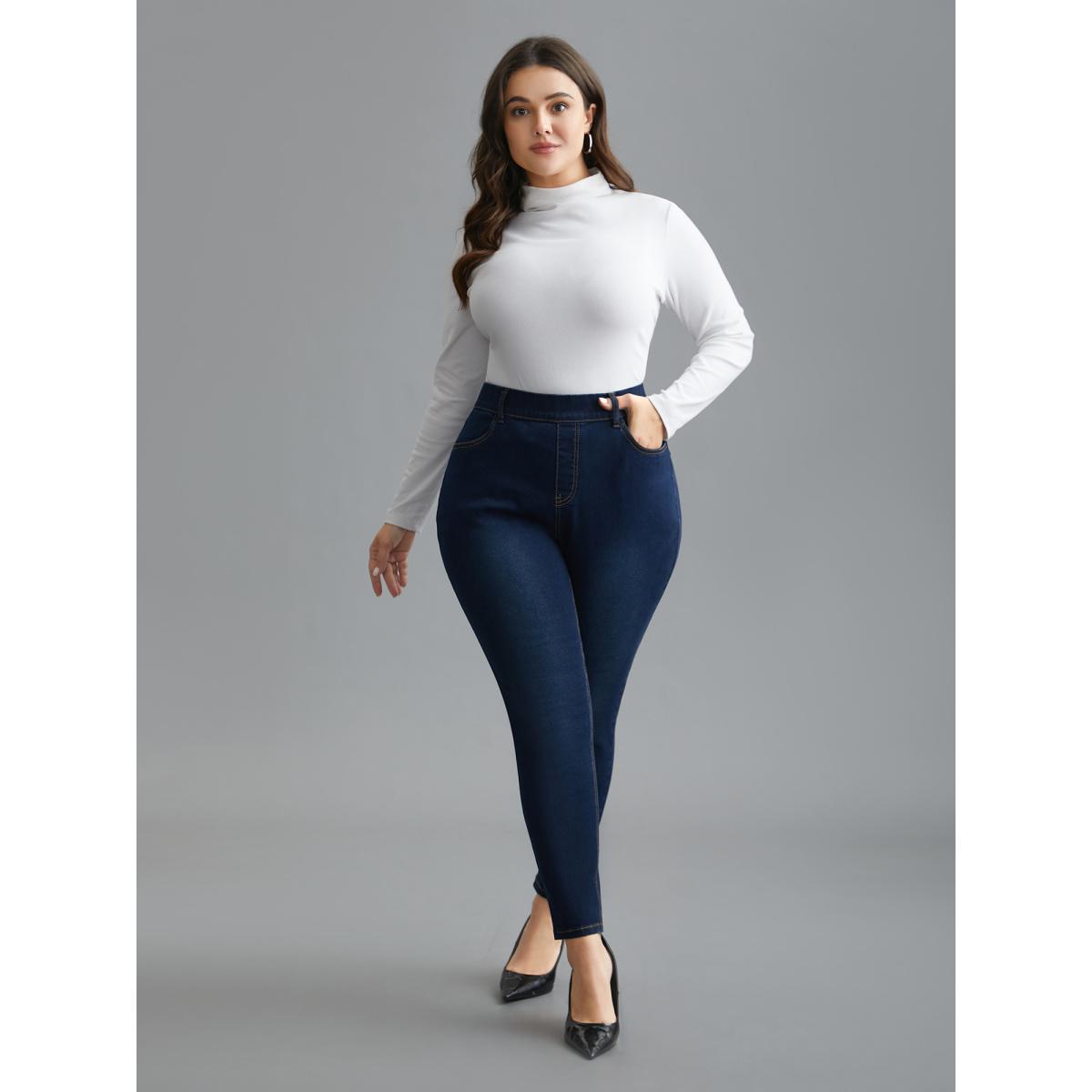 Plus Size Elastic Waist Mid Rise Skinny Jeans Women Denimindigo Elegant Medium stretch Slanted pocket Jeans BloomChic 10/M Product Image