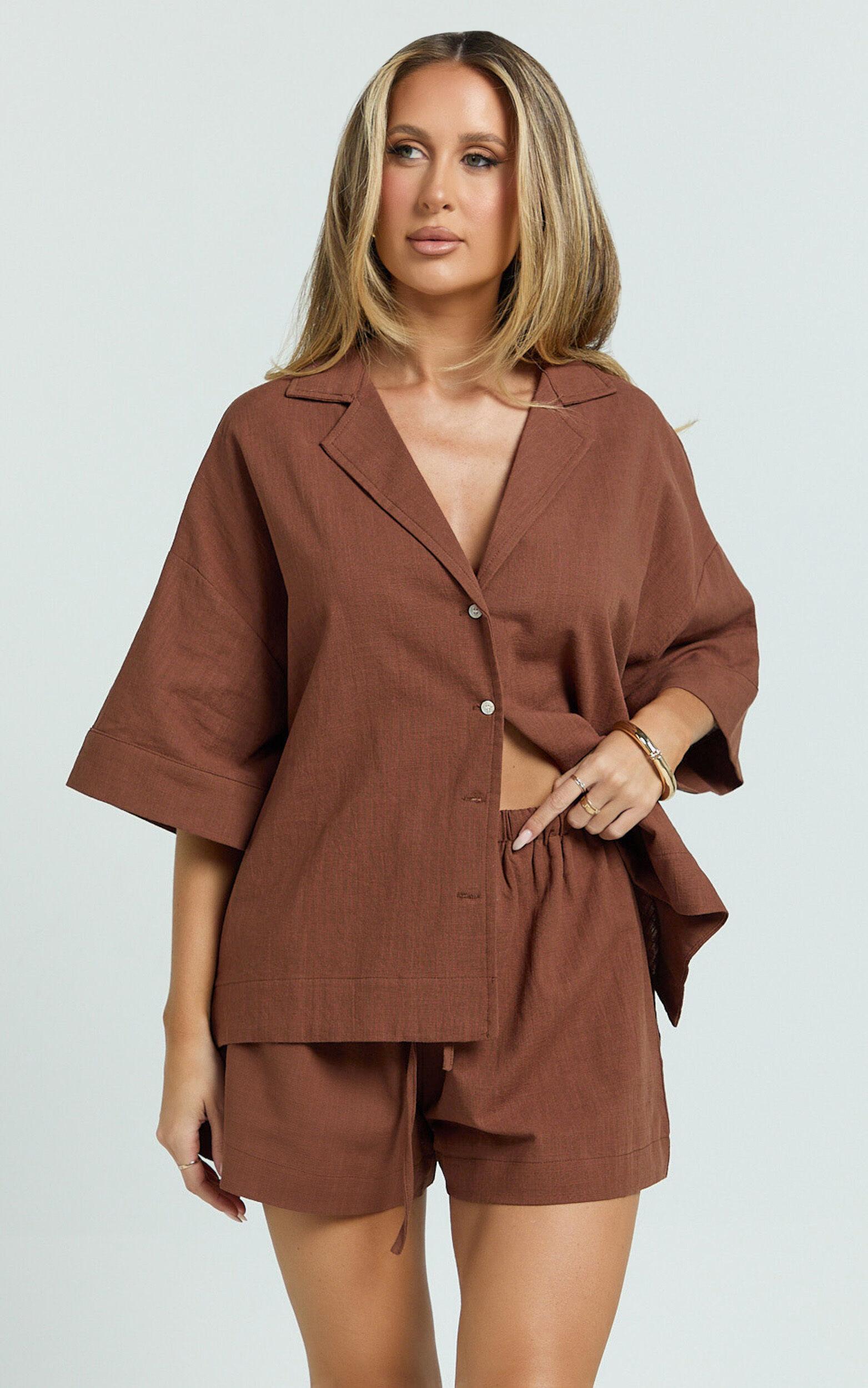 Saina Two Piece Set - Button Through Shirt and Drawstring Shorts Set in Chocolate Product Image
